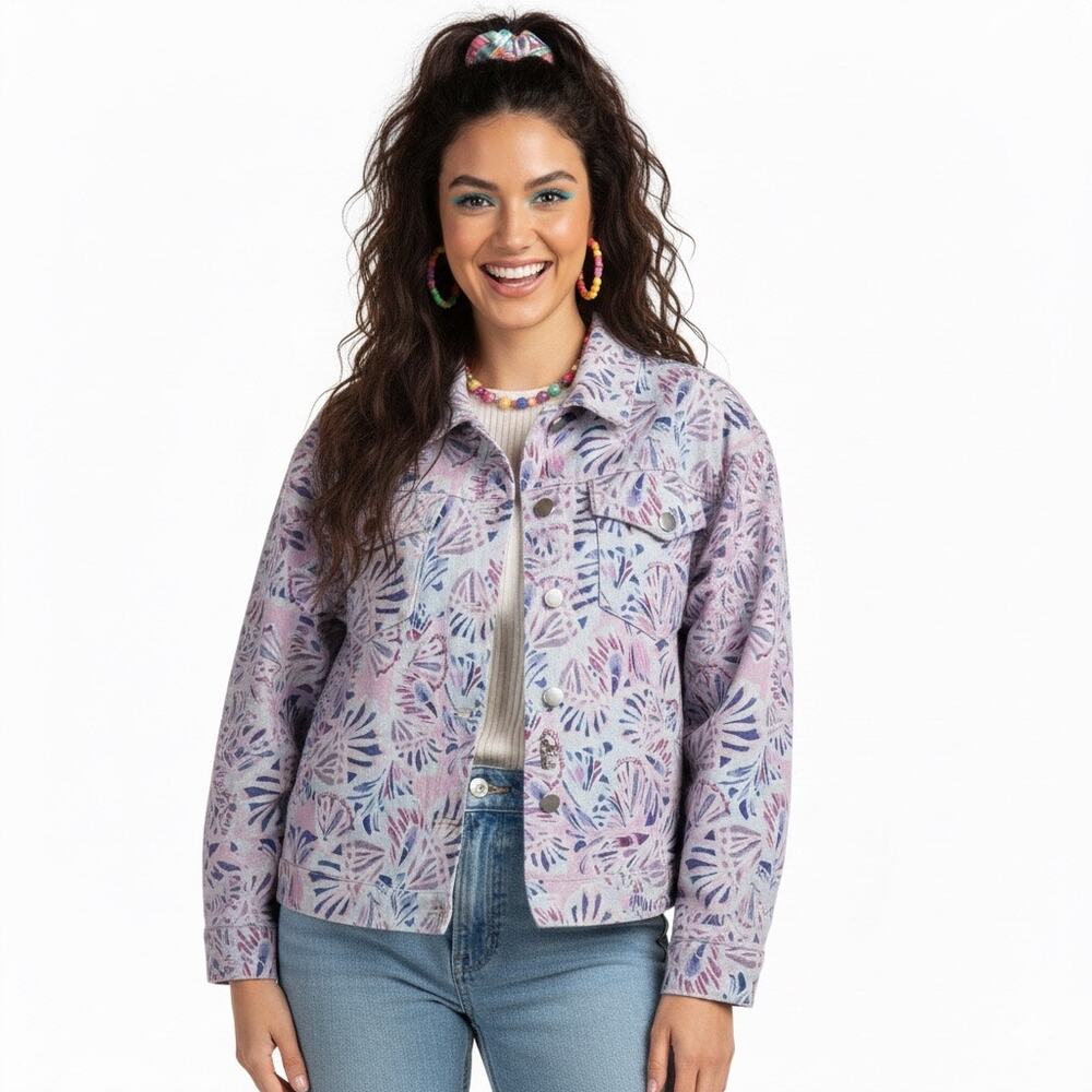 Emily Wonder Abstract Denim Jacket Womens L Pastel Pink Eclectic Whimsy Quirky